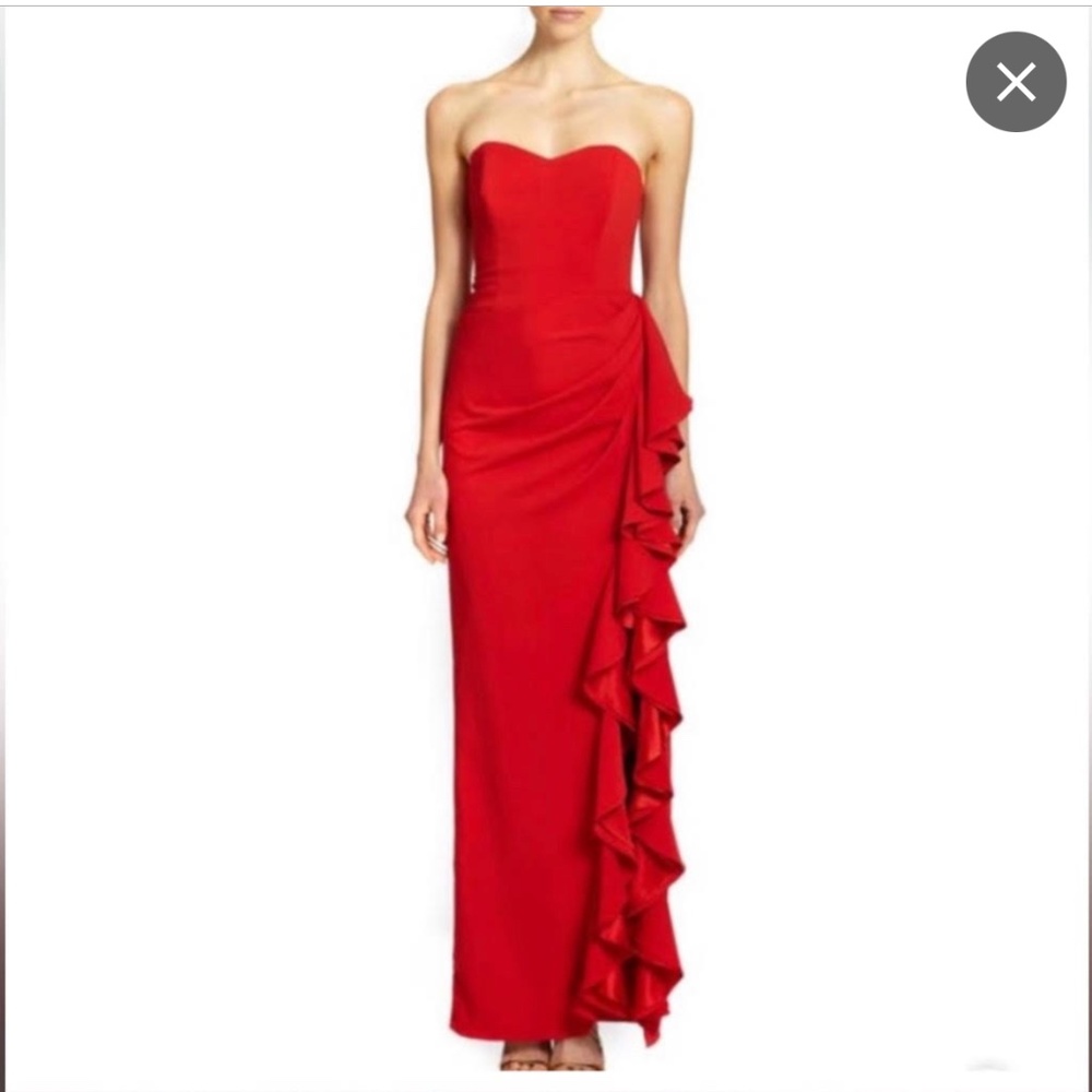 badgley mischka red strapless ruffle gown